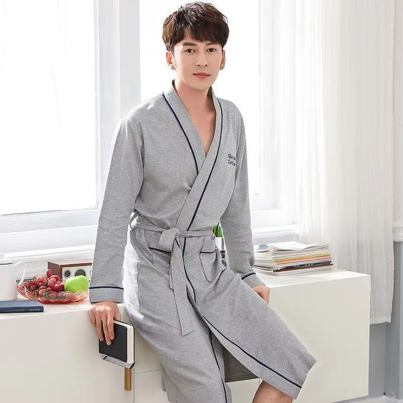 Nightgown Women's Spring and Autumn Couple's Bathrobe Pure Cotton Pajamas Men's Summer Long Sleeve Extra Long Bathrobe Large Size Loose Robe