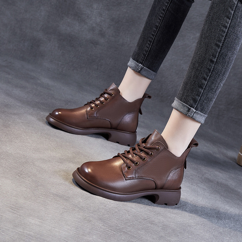 Genuine Leather British Martin Boots Women's V-Mouth Lace-Up Short Boots 2023 Spring and Autumn New Lace-Up Ankle Thin Boots Women's Boots