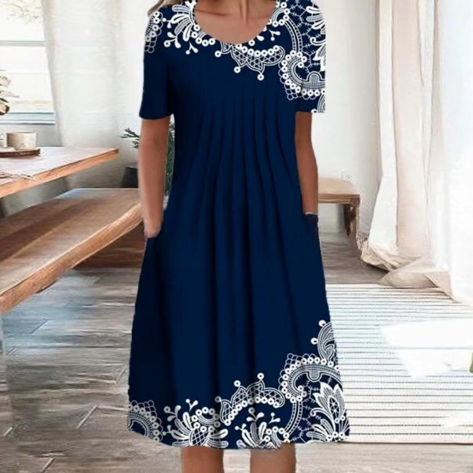  Amazon eBay Cross-border Independent Store New Fashion Printed Crew Neck Short Sleeve Plus Size Dress Long Dress Women