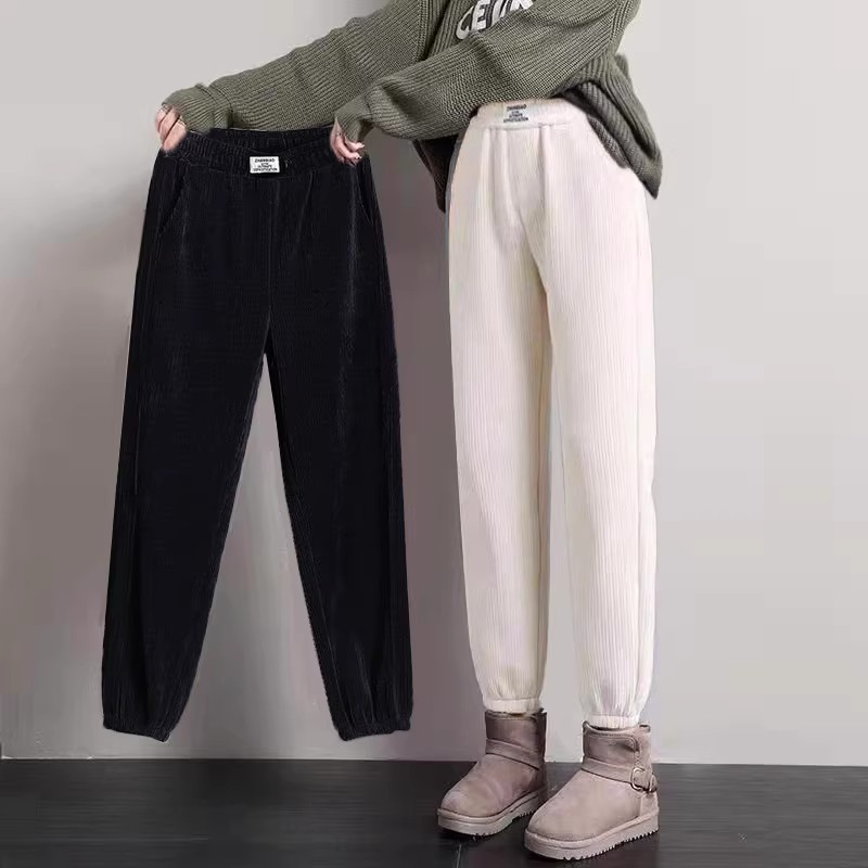 New corduroy women's pants loose slimming warm pants women's autumn and winter fleece-lined thickened casual sports harem pants ankle-tied