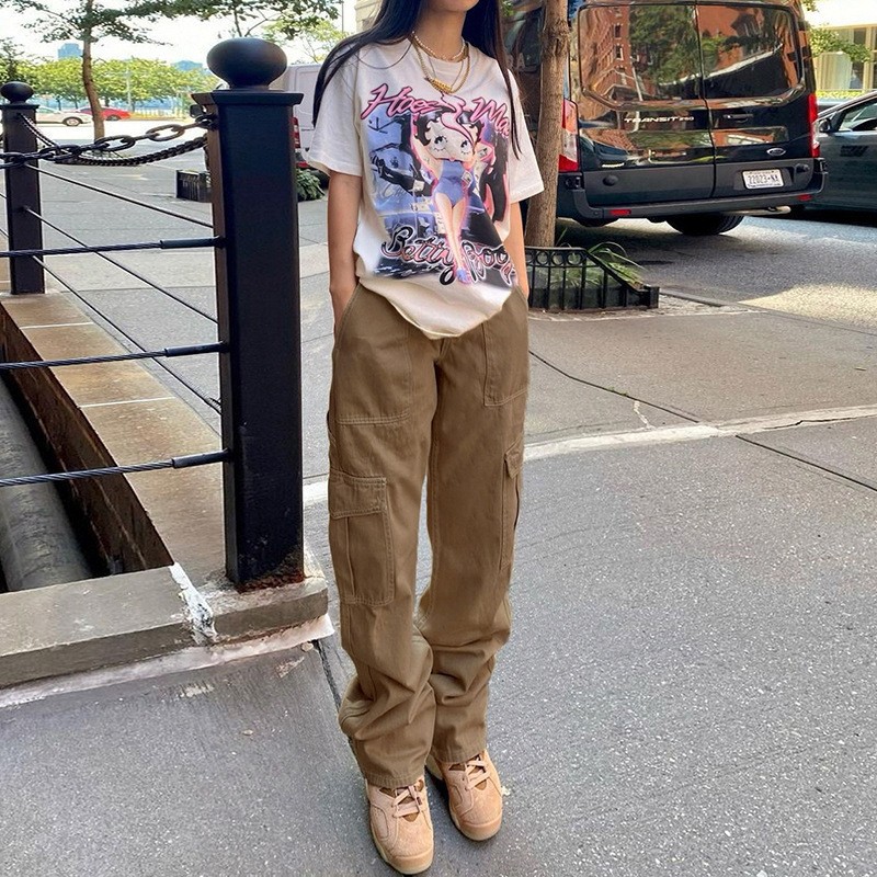 European and American Women's Street Fashion Multi-Pocket Workwear Straight Pants High Waist Slimming Loose Khaki Jeans Women