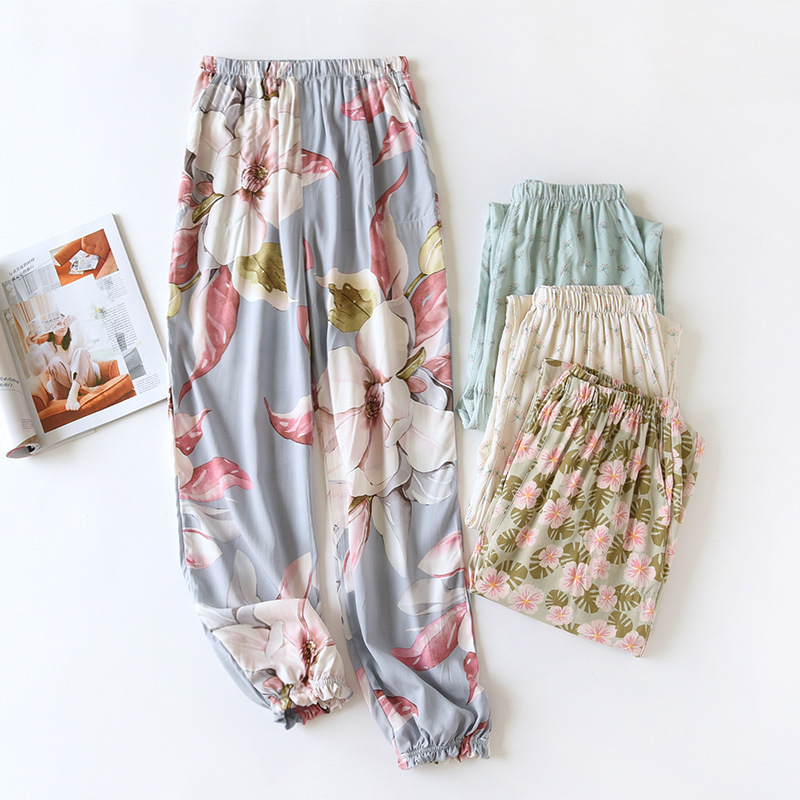 New women's summer rayon pajama pants thin cotton silk closed trousers air conditioning pants mosquito-proof beach pants multi-color one-piece delivery