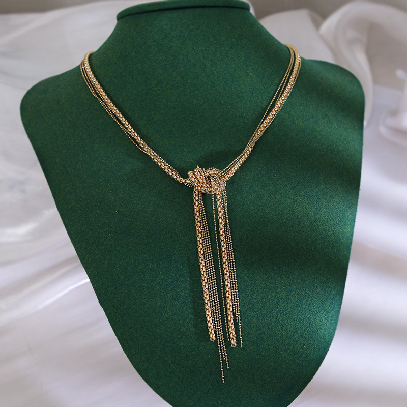 European and American Fashion French Retro Long Plaid Cardigan Chain Tied Fringe Necklace Personality and Quality Clothing Cross-border