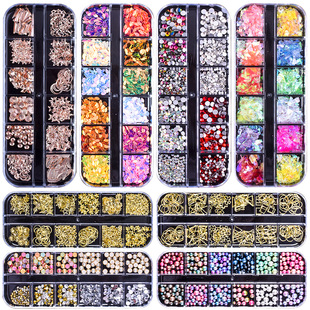 Cross-border full set of 12-compartment metal rivet rhinestone star moon diamond shell nail ornaments nail ornaments