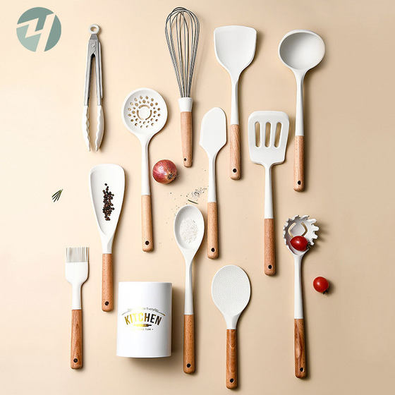 Milk white wooden handle silicone kitchenware cooking set 12 piece set kitchen tools 12 piece set kitchen sets