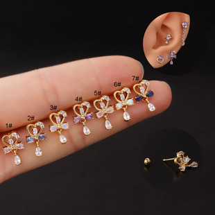 Thin rod stainless steel ear bone stud love bow water drop pendant screw twist ball stud earrings Korean fashion earrings