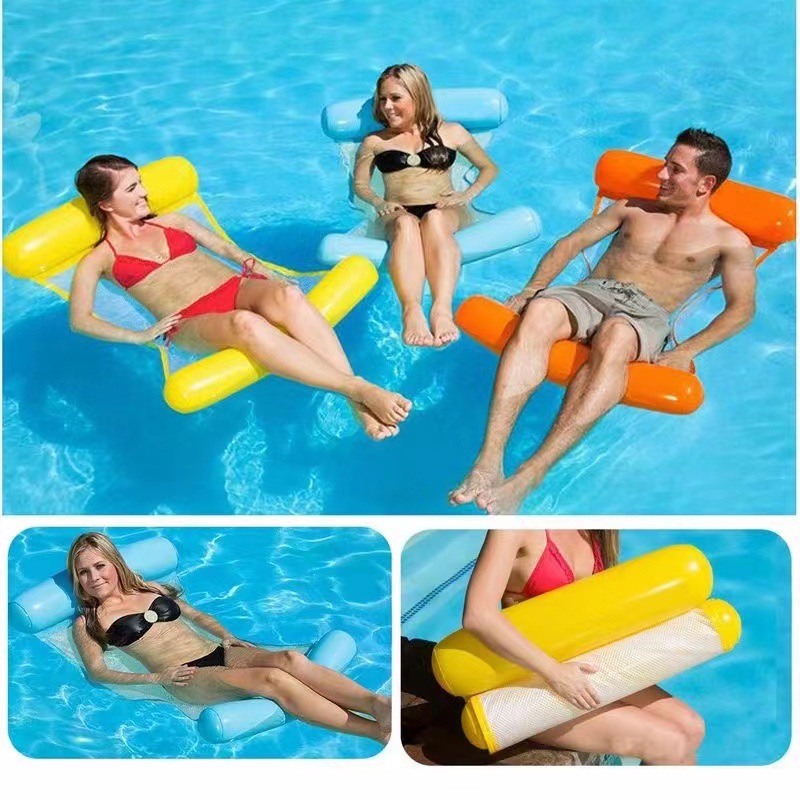 Cross-border Wholesale Water Pool Recliner Foldable Inflatable Backrest Striped Rebrand Water Hammock Swimming Ring Floating Bed