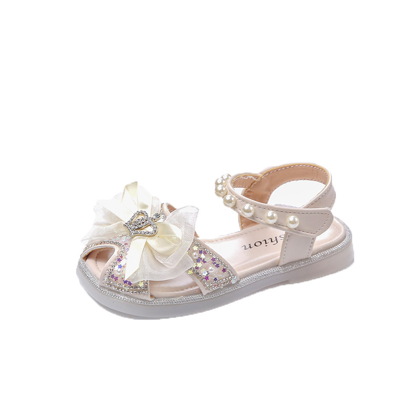 Summer 2023 Sweet Bow Princess Shoes Baotou Pearl Korean Style Girls' Sandals Hollow Breathable Non-slip Soft Sole