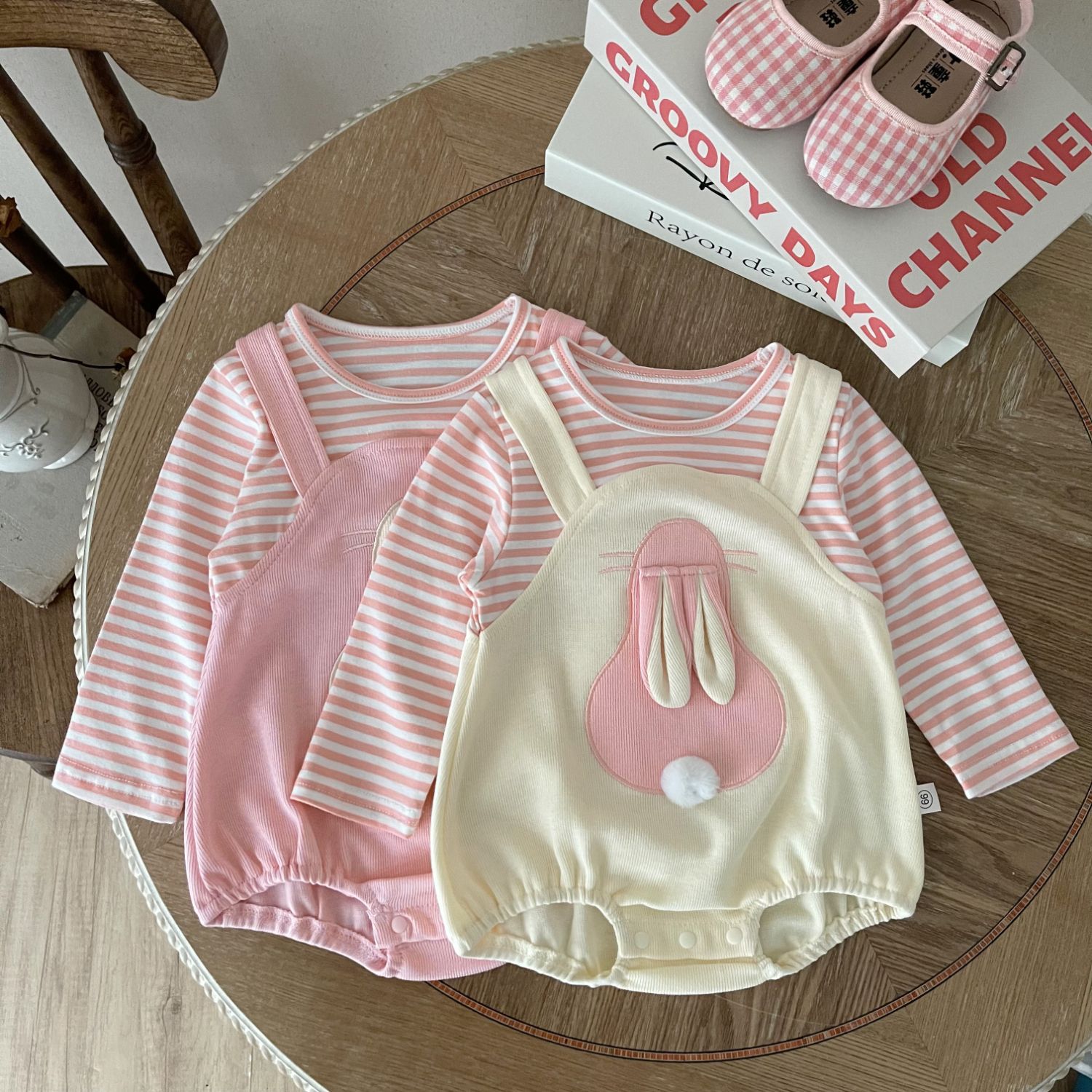 新生兒春秋裝連體衣女童小兔子包屁衣假兩件女寶寶長袖棉質哈衣