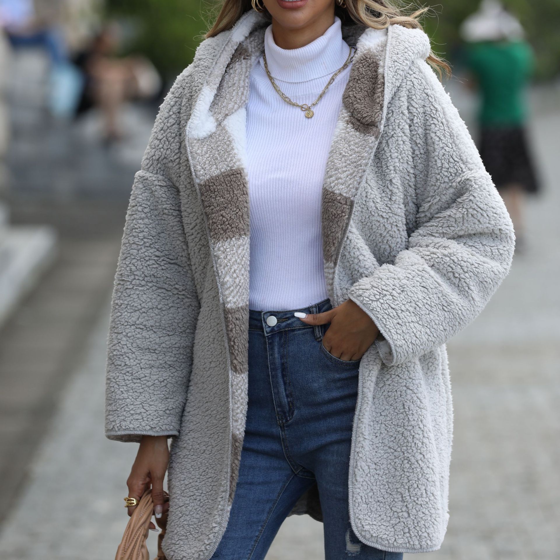 Flash Velvet European and American New Casual Plush Women's Hooded Regular Long Sleeve Loose Plaid Bubble Velvet Coat_voghion.com