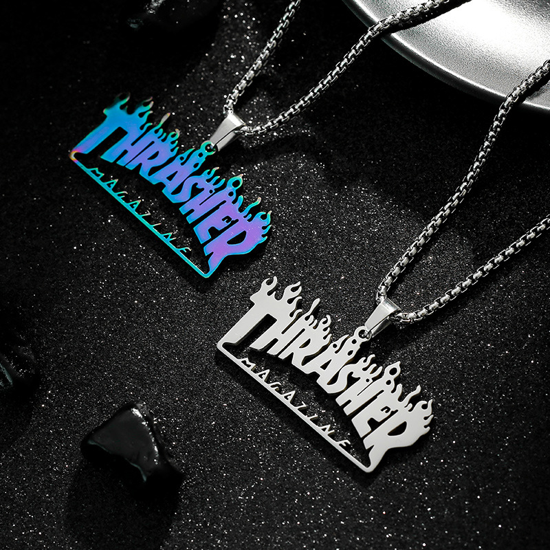 歐美街頭hiphop嘻哈吊墜Thrasher炫彩項鍊可淬火不掉色鈦鋼項飾