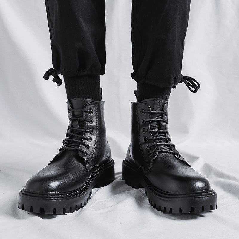 Internet Popular Martin Boots Men's High-top Trendy Spring and Autumn British Style Retro Mid-top Leather Shoes Heightened Black Leather Boots