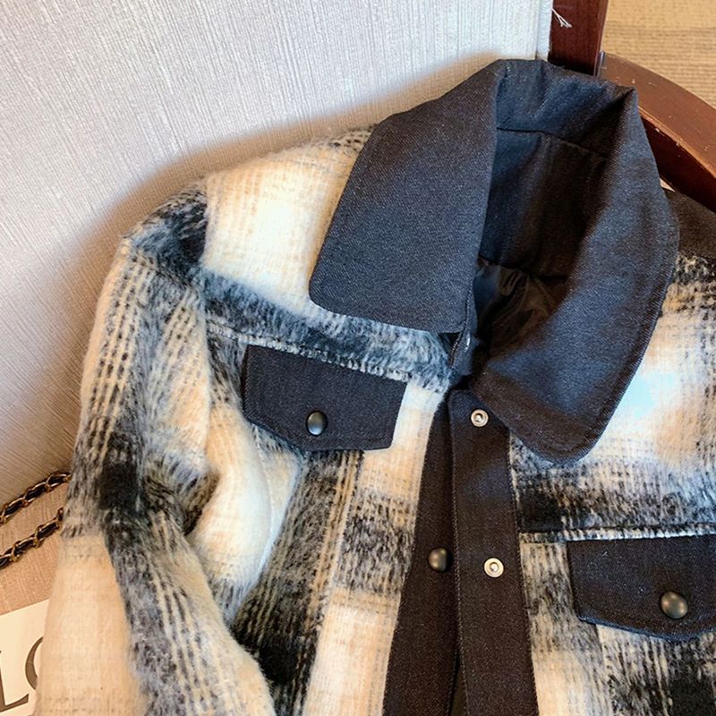 Denim stitching Chanel style quilted jacket women's short autumn and winter New retro casual black and white plaid jacket top
