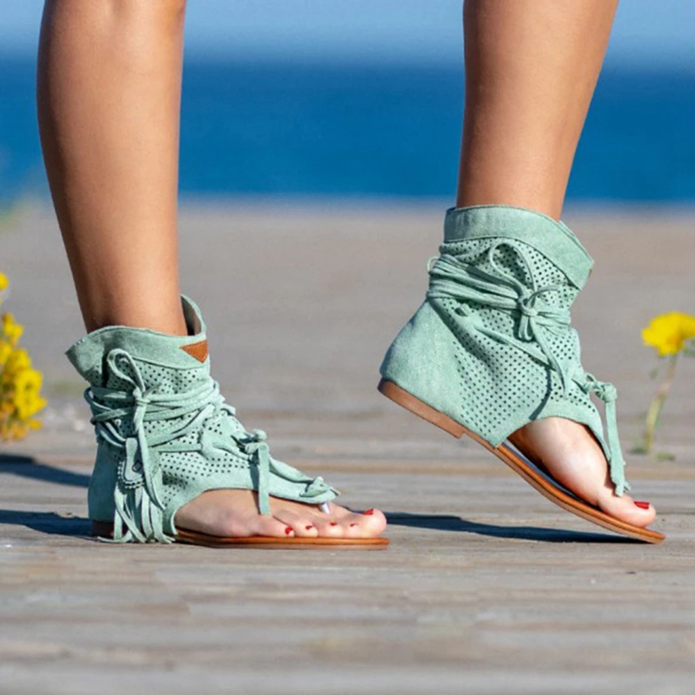 Large Size Sandals Women's 2023 Foreign Trade Spring and Summer New European and American Flat Bottom Clip Toe Mid-top Retro Tassel Women's Sandals 43