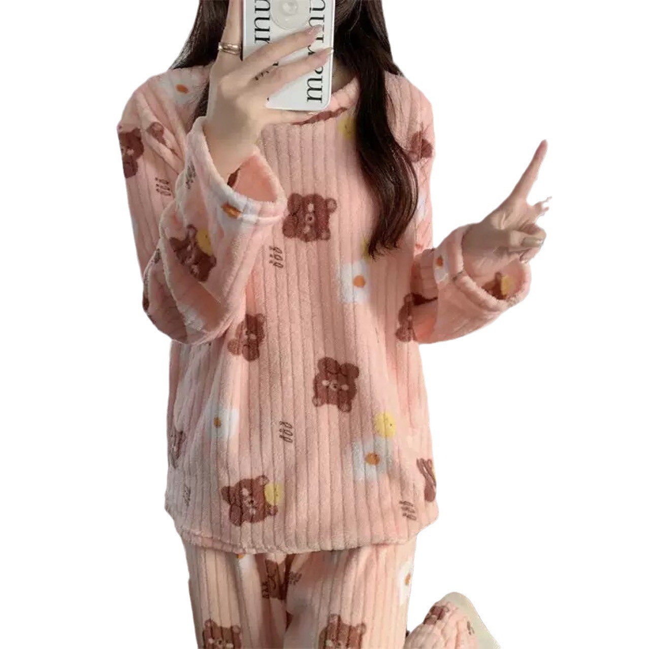 Autumn and winter warm peach suit bear printed coral fleece round neck pajamas fairy warm home wear two-piece set