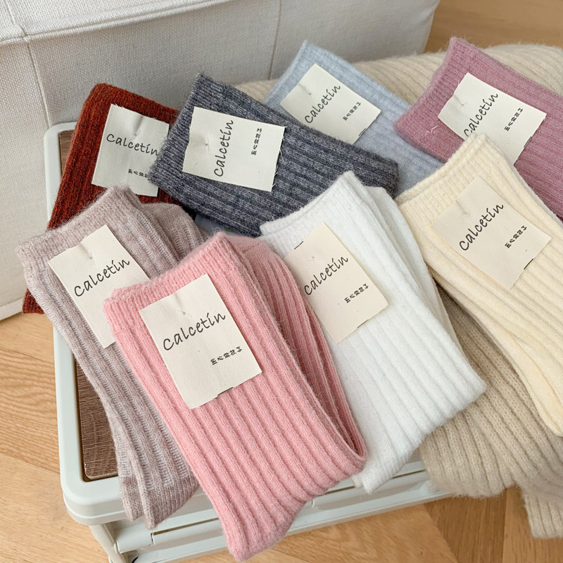 秋冬季襪子女羊毛襪加厚保暖網紅中筒襪韓國日系純色百搭堆堆襪女