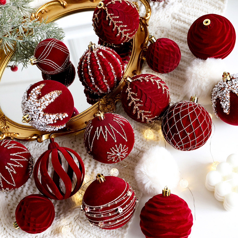 Christmas tree decorative ball Christmas painted ball flocking dark red Christmas ball Pearl DIY hanging decoration scene layout_voghion.com