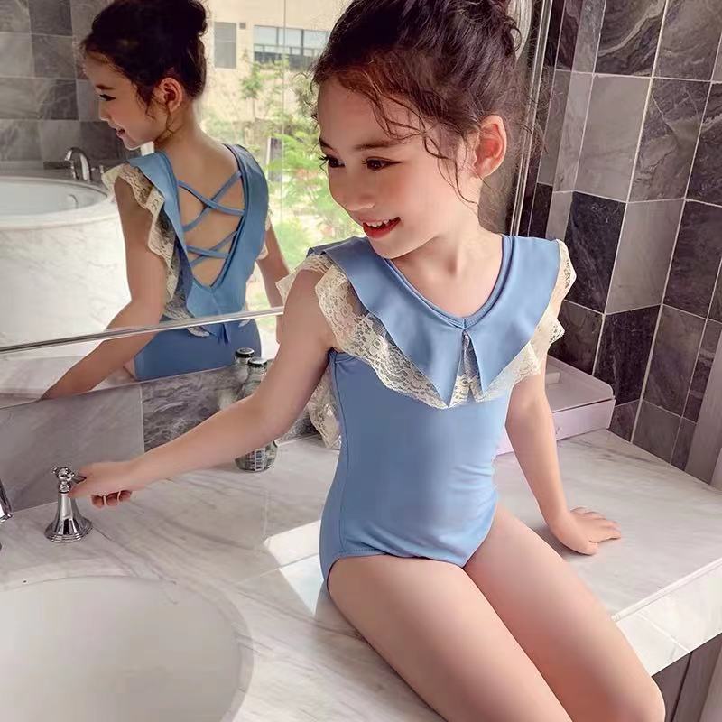 2024 New Children's One-piece Swimsuit Girl's Cute Lace Ruffle Sleeve Swimsuit Cross-back Swimsuit