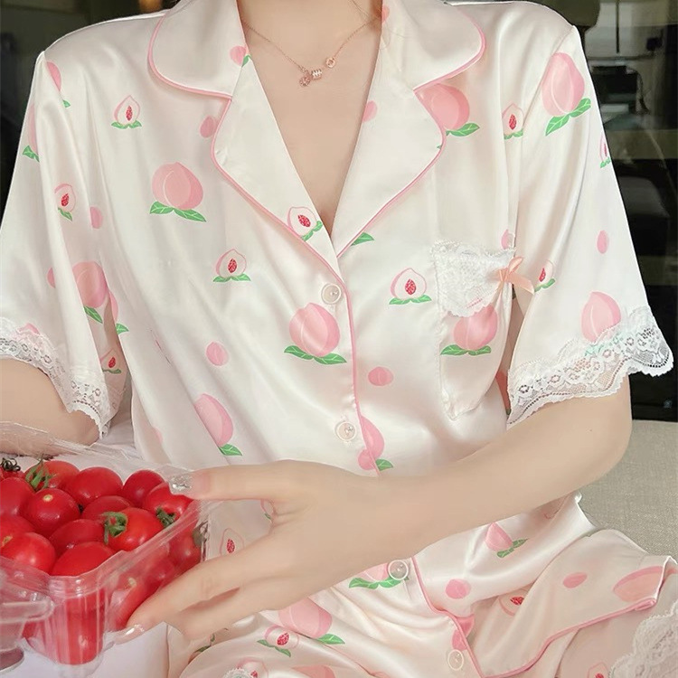 Pajamas Women's Ice Silk Peach Girly Three-Piece Set Thin Cute Home Suit Summer Short-Sleeved Outfit
