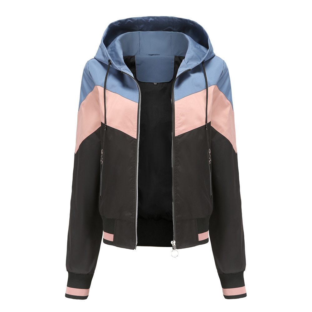 Women's Thin Windbreaker Women's Spring and Autumn Hooded Jacket Women's Outdoor Raincoat Color Matching Pull Rope Jacket_voghion.com
