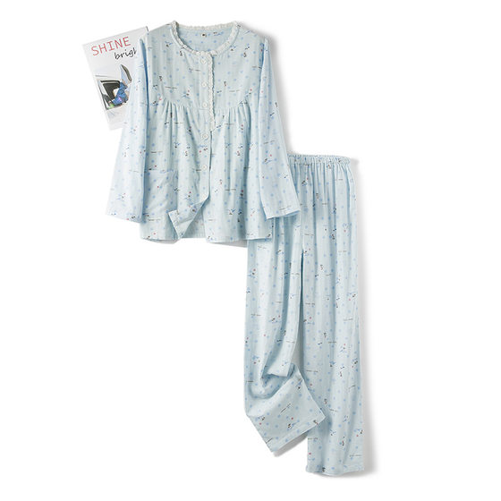 Men's and women's cotton double-layer gauze simple printed long-sleeved trousers pajamas home wear suit cross-border wholesale