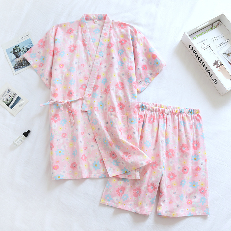 New Style Pajamas Women's Summer Cotton Gauze Japanese-style Kimono Girl's Thin Short-sleeved Shorts Home Clothes Suit Very Plain