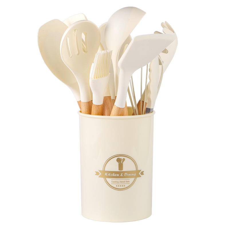 Wooden handle white silicone kitchenware suit 12-piece set Amazon kitchenware spatula Nordic ins style kitchen tools