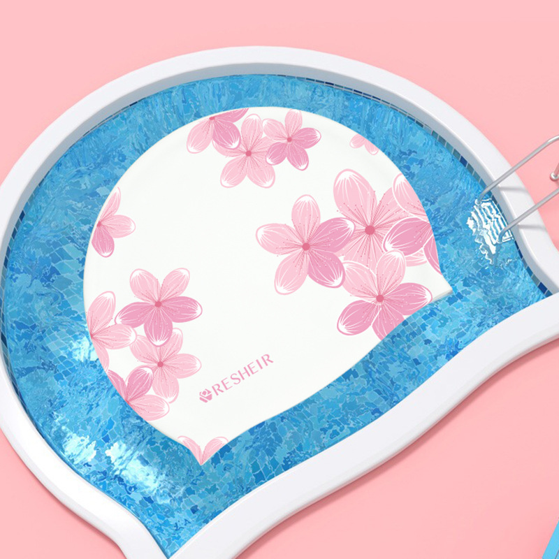 Factory direct sales of Ruixier silicone swimming cap women's fashion waterproof swimming cap with large printed head and long hair ear protection