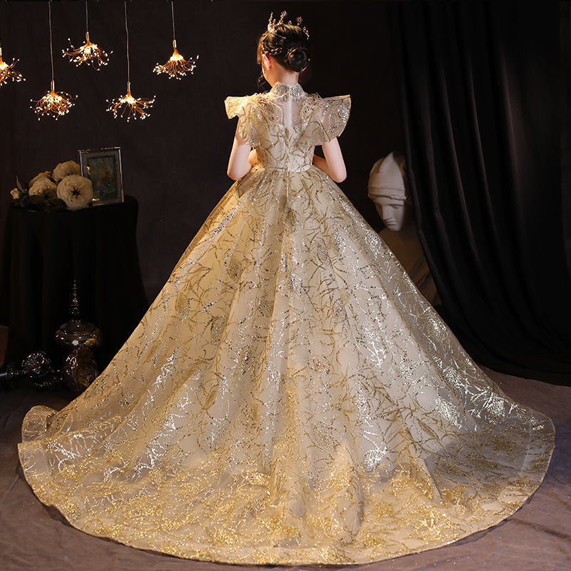 Children's Tail Evening Dress 2024 Summer New Princess Dress Flower Girl's Show Girl's Host Piano Performance Dress