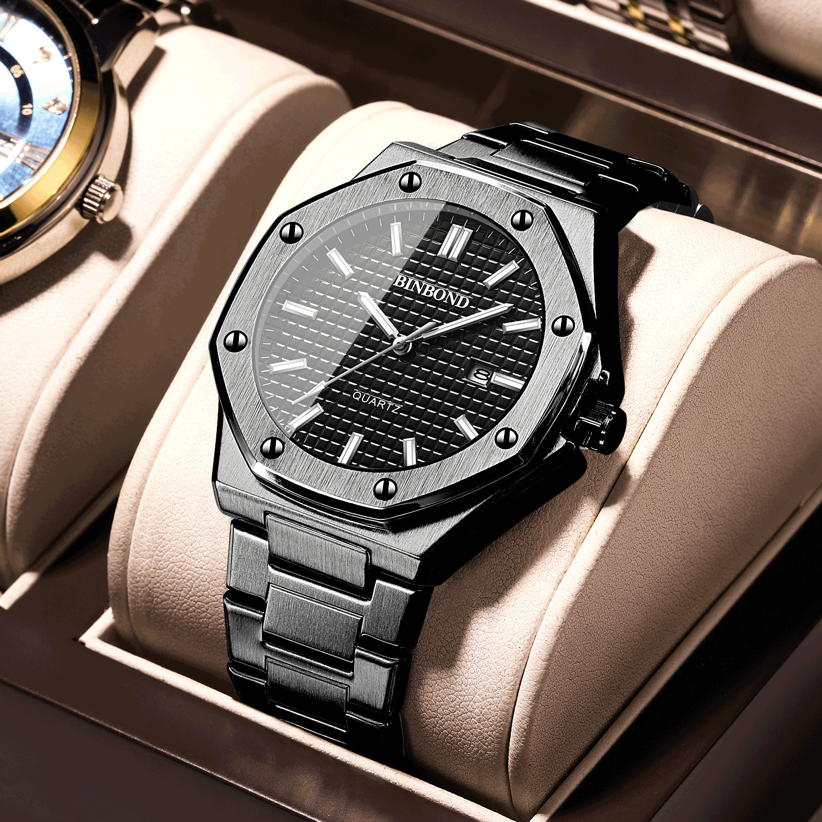 BINBOND Fashion Men's Watch Alloy Strap Octagon with Screw Decorative Ring Quartz Movement Amazon Explosions