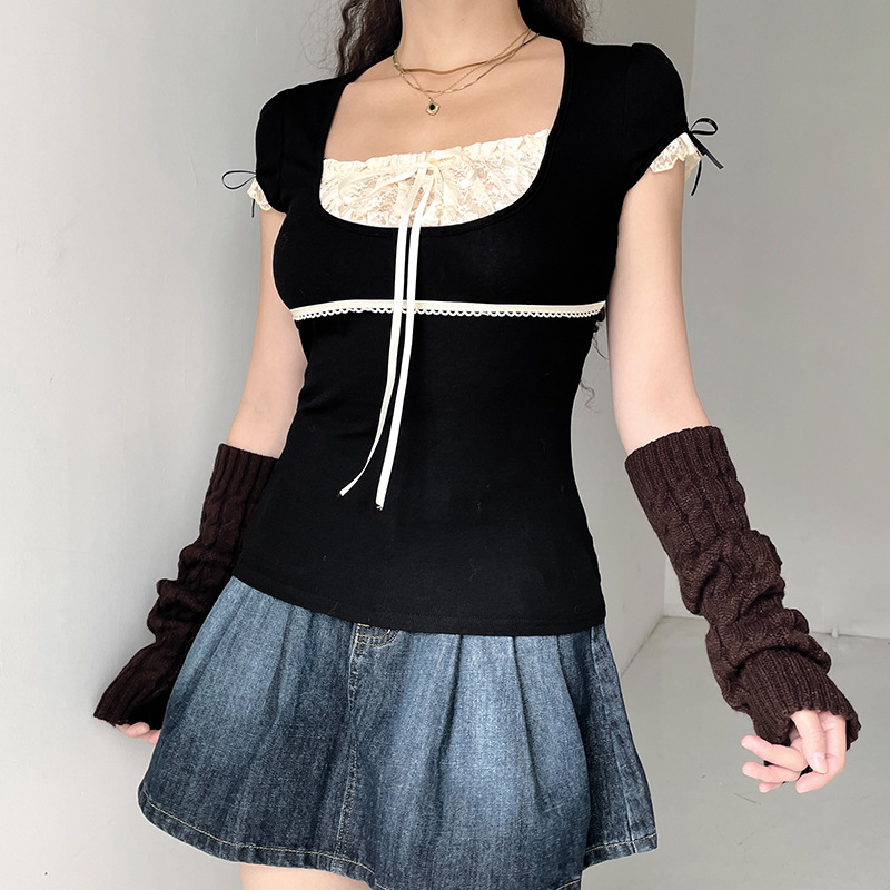ins Amazon Women's Dress Contrast Lace Stitching Fake Two-piece Lace-up Top Sexy Low-cut Short-sleeved Pullover T-shirt