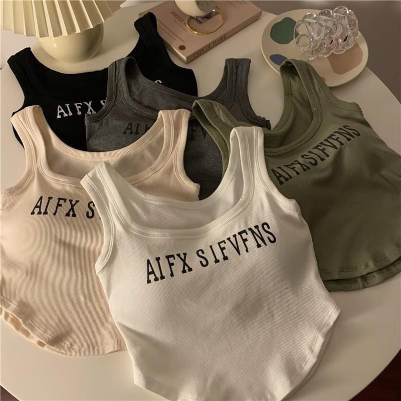 New Vest with Chest Pad Women's Sling Pure Sexy Short Letter Printed Outer Wear Inner Base Sleeveless Top