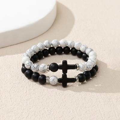 Cross-border supply design Cross black and white couple bracelet set ins niche stone bracelet factory wholesale