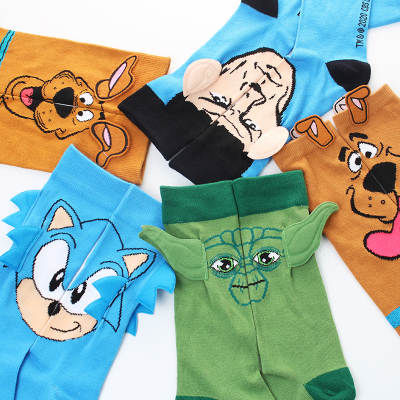 2021 Spring and Summer New Personality Trend Sewing Ears Sonic Mid-length Socks for Men and Women European and American Yoda Cartoon Corner Socks