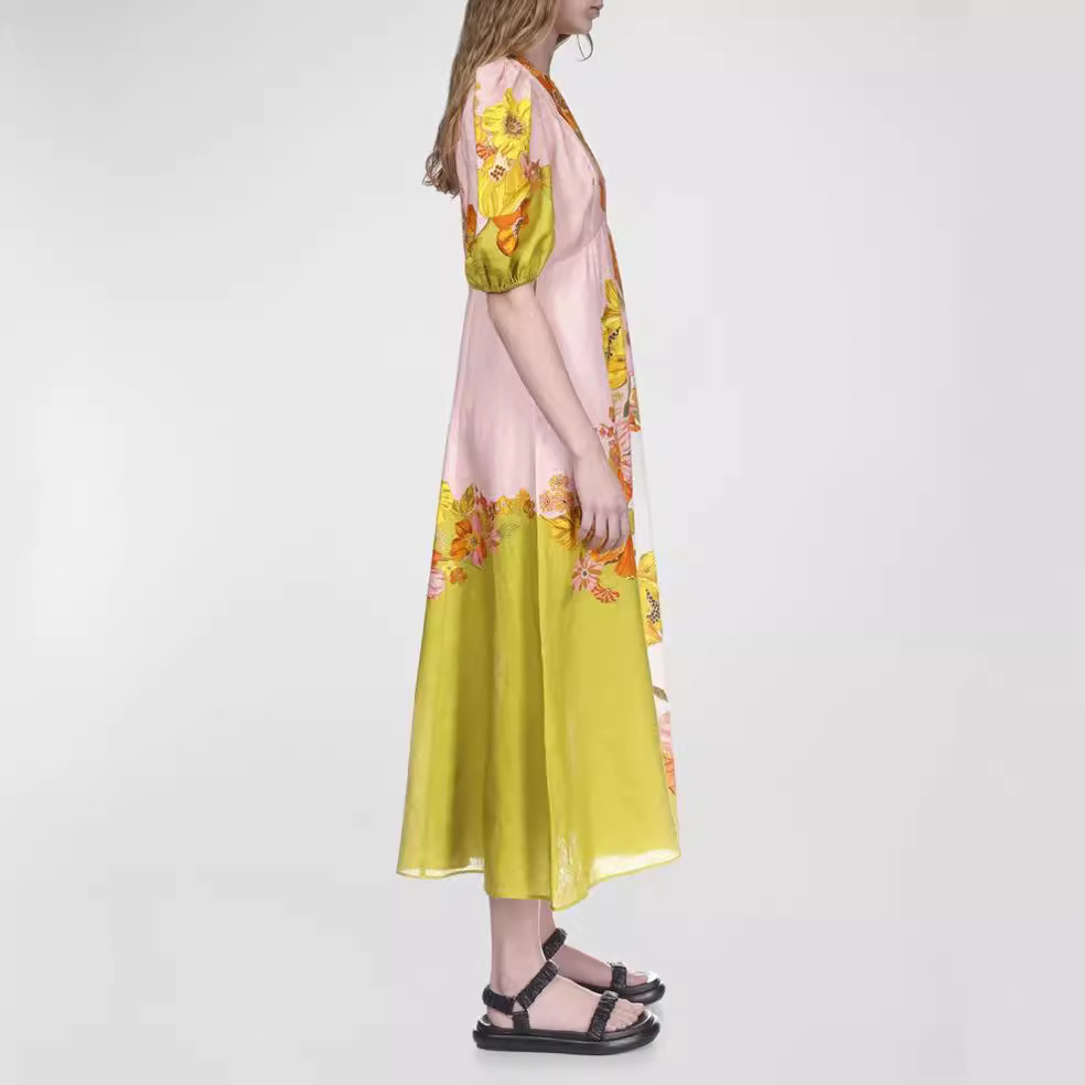 European and American cross-border 2024 New AliExpress independent station printing fashion puff sleeve all-match slim fit large swing dress