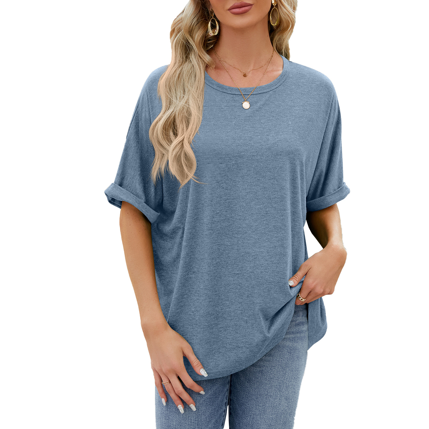 Amazon European and American cross-border foreign trade 2024 spring and summer new solid color round neck loose short sleeve T-shirt top for women in stock