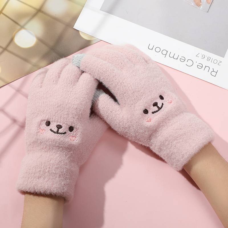 Winter gloves winter warm cute women's smiley face fleece-lined thickened knitted Korean wool plush gloves wholesale