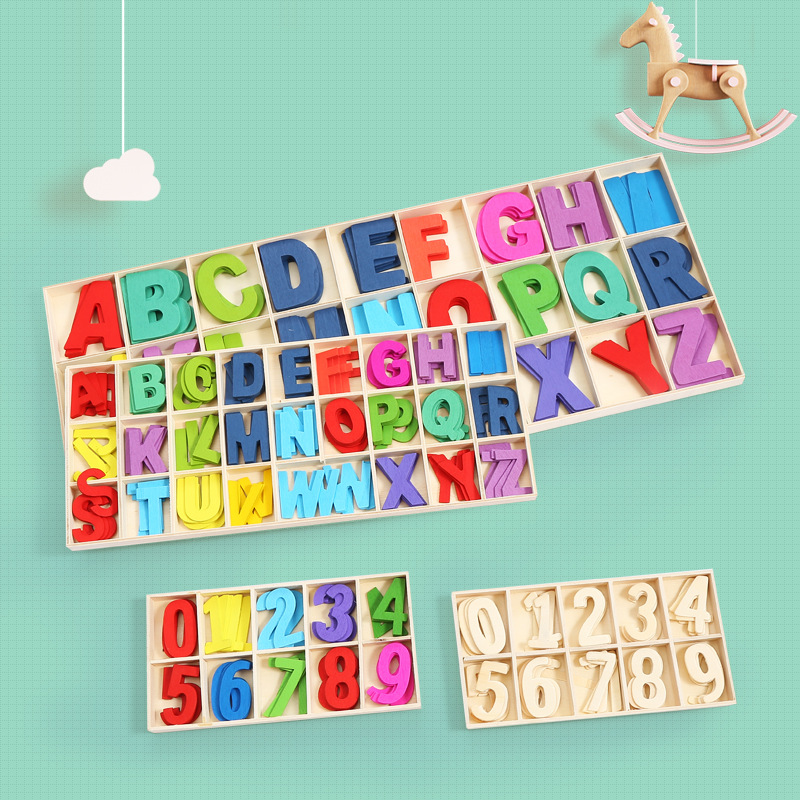 Factory wholesale early education English numbers wooden letters set natural color color 0-9 numbers A- Z wooden letters