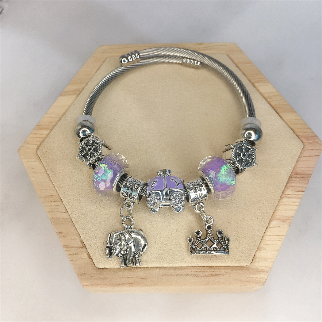Panjia Classic Style Amazon Hot Sale Peace Elephant Crown Stainless Steel Adjustable DIY Handmade Beaded Bracelet