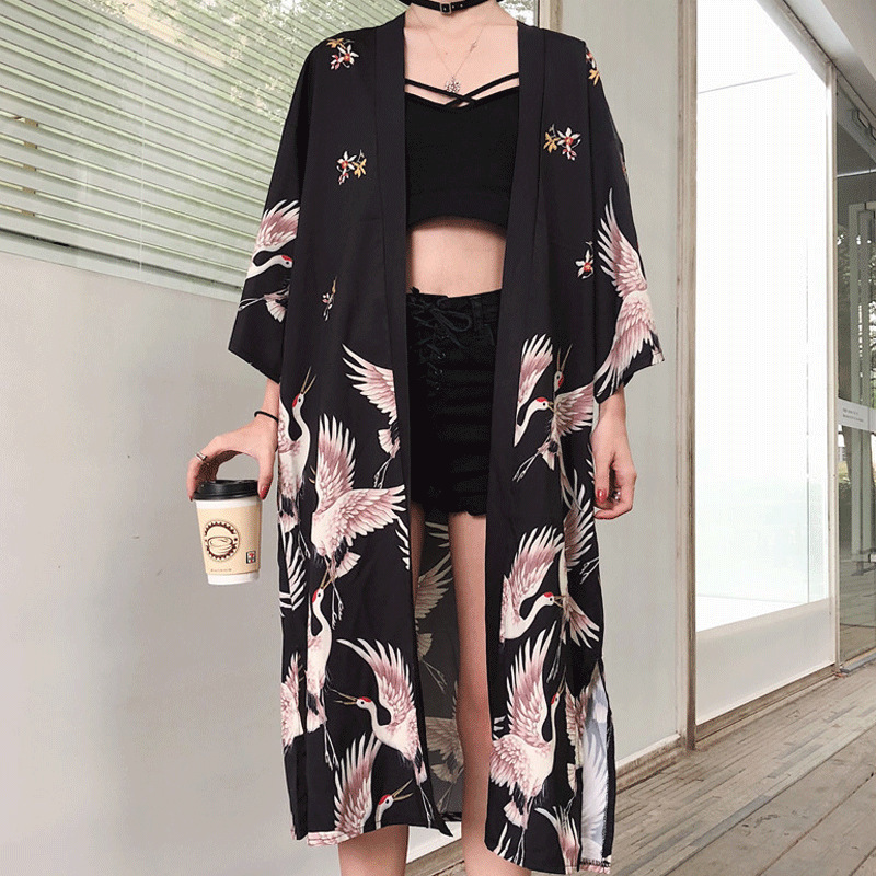 Summer new harajuku style loose long japanese retro cardigan kimono cloak men crane 3/4 sleeve robe women