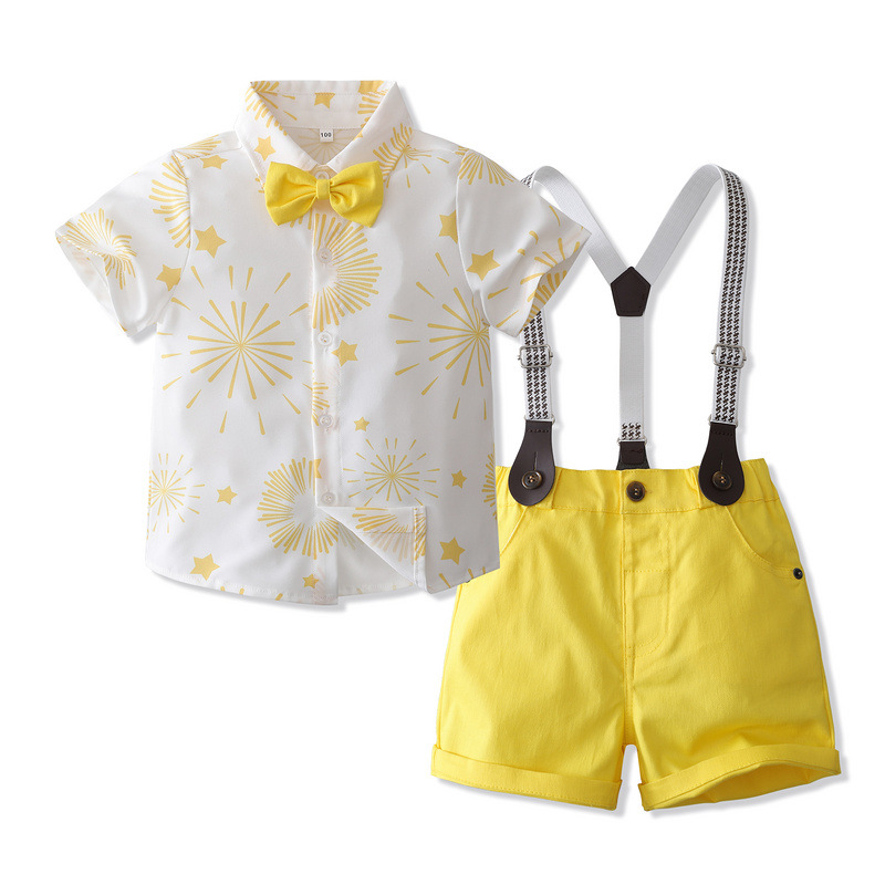 Boy's Gentleman's Strap Dress Summer Clothing Korean Children's Clothing 2023 Summer Short-sleeved Fireworks Shirt Children's Foreign Trade Clothing