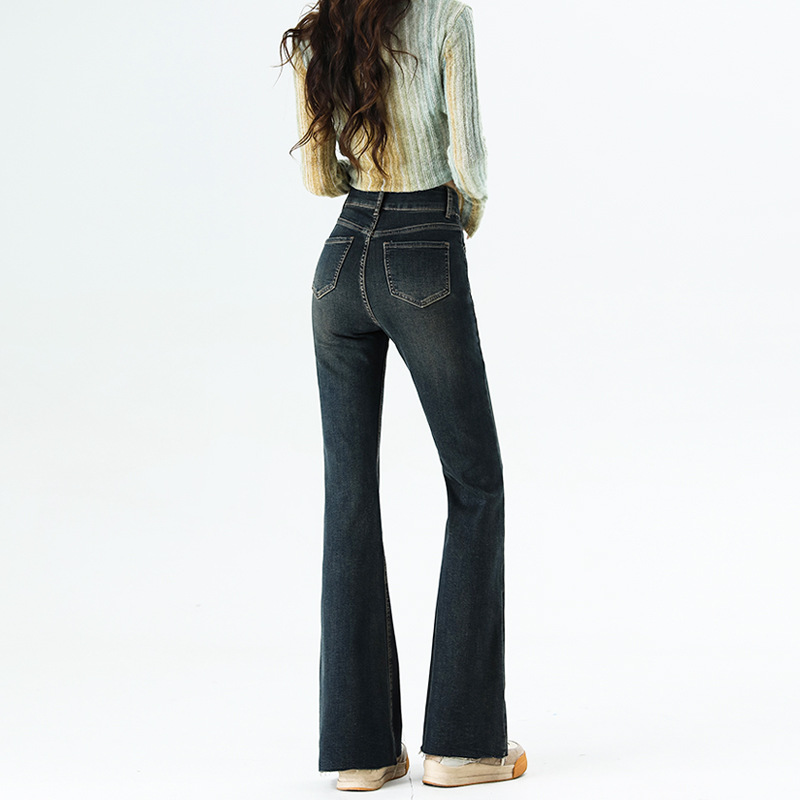 2024 Early Spring New Stretch Retro Belly-Tucking Micro Jeans Women's High Waist Slim-Fit Slimming Washed Flared Pants