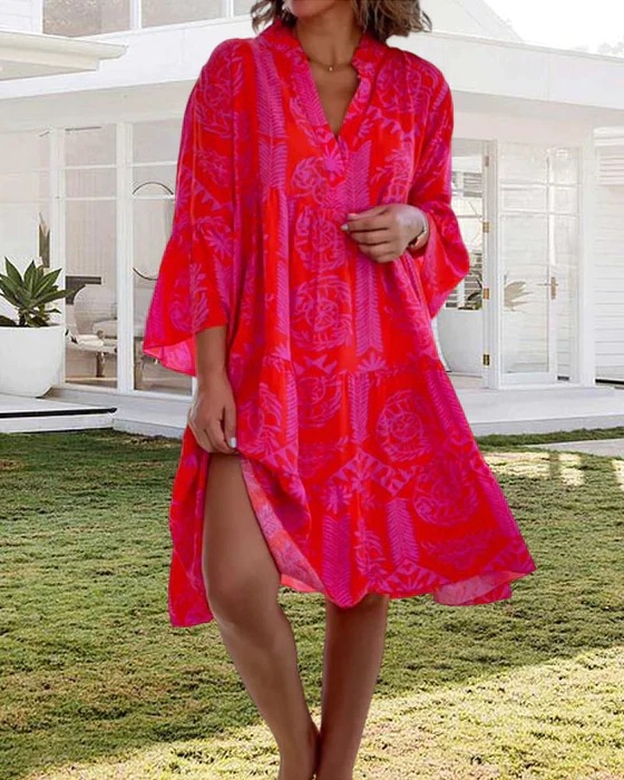 2023 Women's Cross-border Spring and Summer New eaby Amazon Explosions V-neck Horn Sleeve Cake Stitching dress