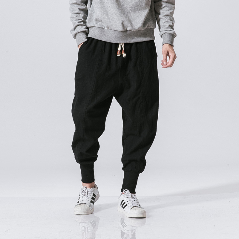 2024 New Solid Color Japanese Style Casual Pants Cotton Linen Breathable Thin Pants Men's Suspenders Cropped Hallen Pants