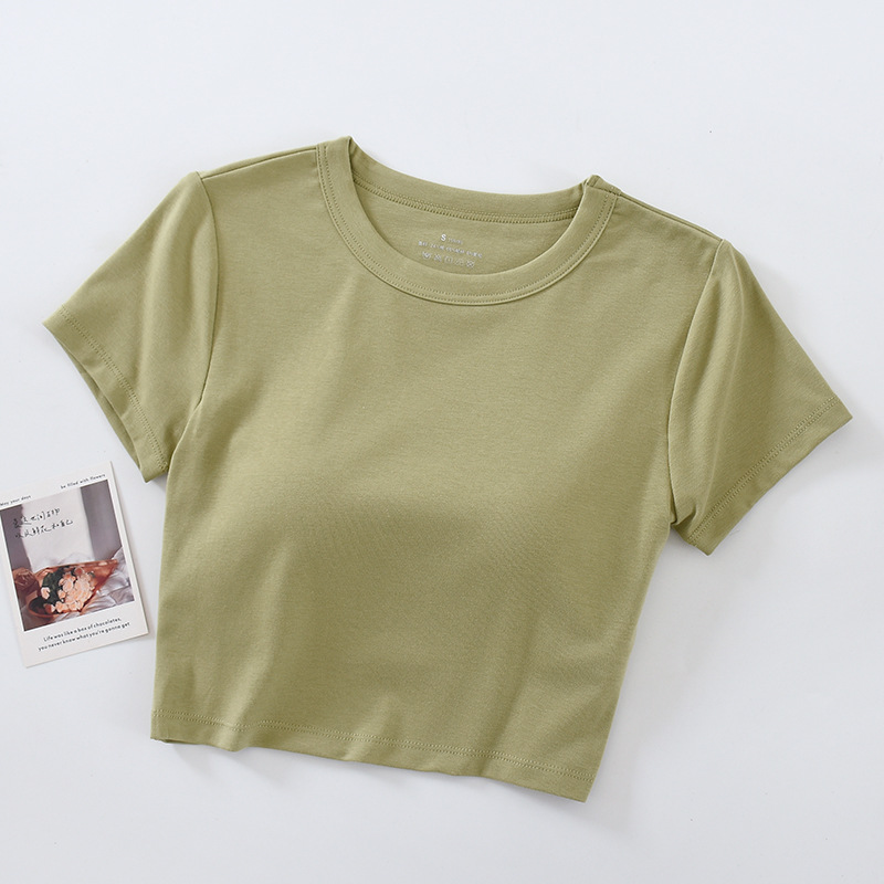 One-piece Navel-exposed Round Neck Short-sleeved Cup Base Shirt with Chest Pad Summer Short Women's Inner T-shirt without Steel Ring