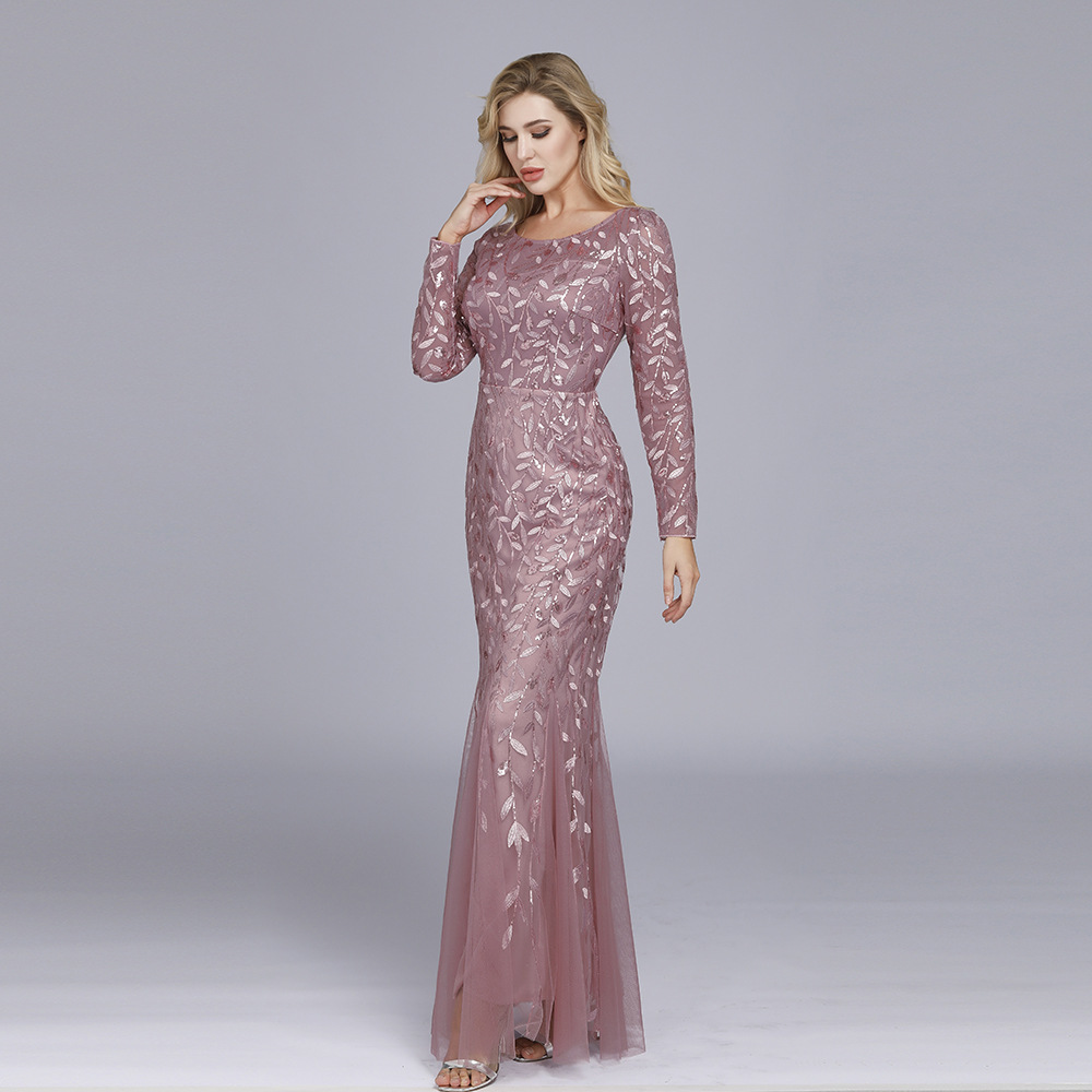 2024 Europe and the United States cross-border hot long sleeve round neck back zipper fishtail skirt banquet evening dress women in stock
