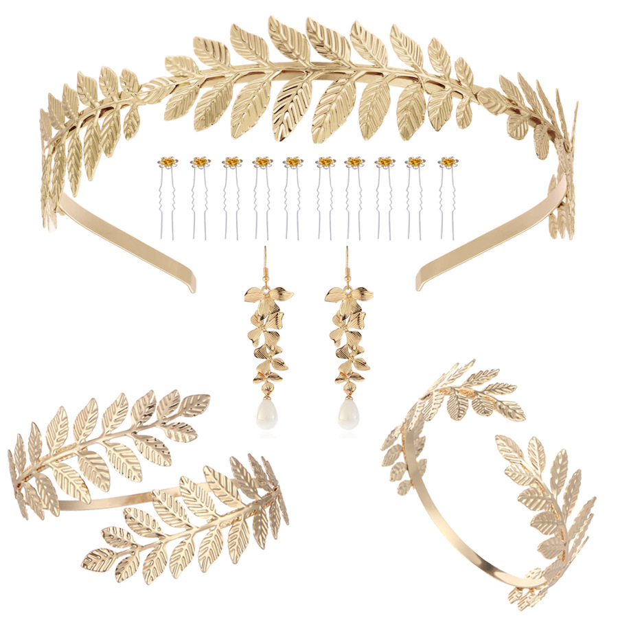 Kaitong European and American bridal leaf headband personality Baroque style golden leaf open arm ring pearl earrings