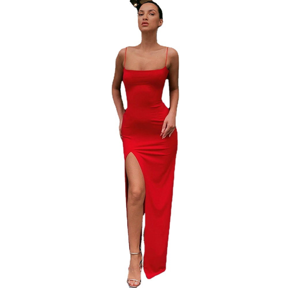  spring and summer new cross-border women's suspender neckline slim backless sexy slit dress