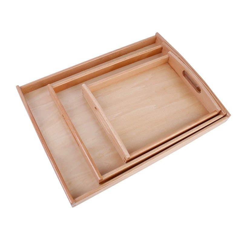 Montessori Teaching Aids Daily Life Kindergarten Early Education Wooden Handle Beech Tray Large Medium Small Size