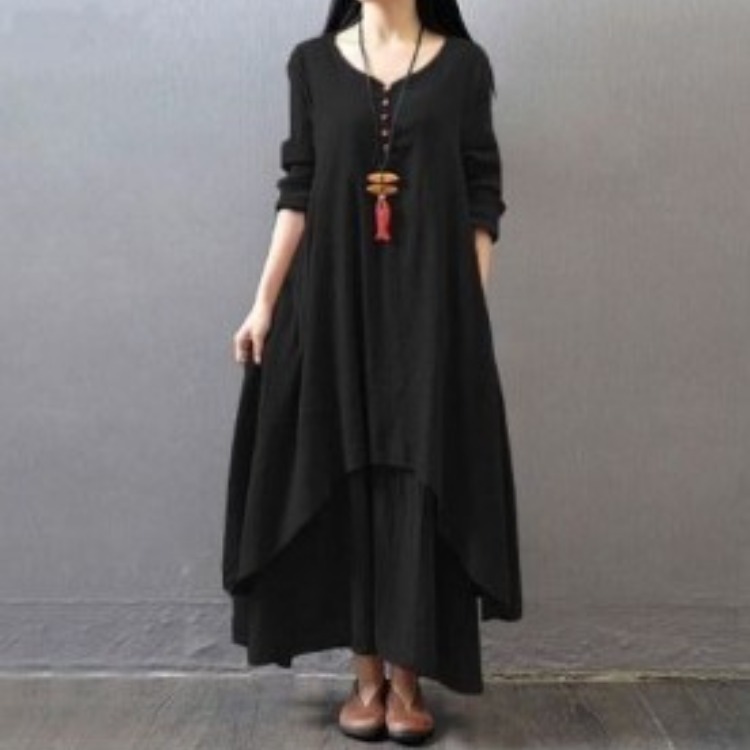 2023 New High Quality Fake Two-piece Long Dress Artistic Large Swing Linen Dress Loose Long Sleeve Cotton Linen